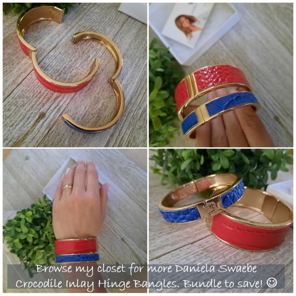 Daniela Swaebe Crimson Red Crocodile Inlay Wide Hinge Bangle - Goldtone, New! - Picture 14 of 16